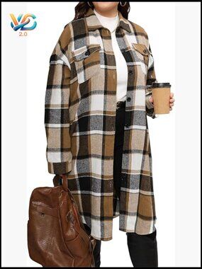 Plus Size Plaid Flannel Shacket Long Jacket Oversized Coat